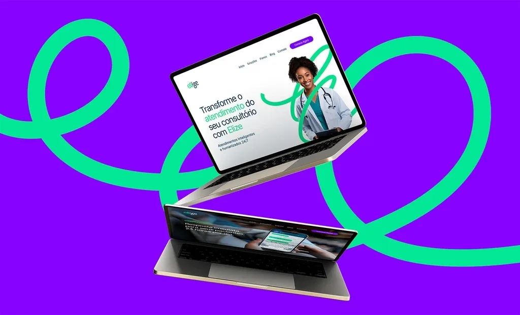 Notebooks com o site da Elize sobre fundo roxo com o traço verde